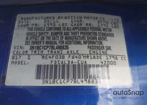 2011 Nissan Versa 1.8S z USA, uszkodzony, nr VIN 3N1BC1CP7BL498835